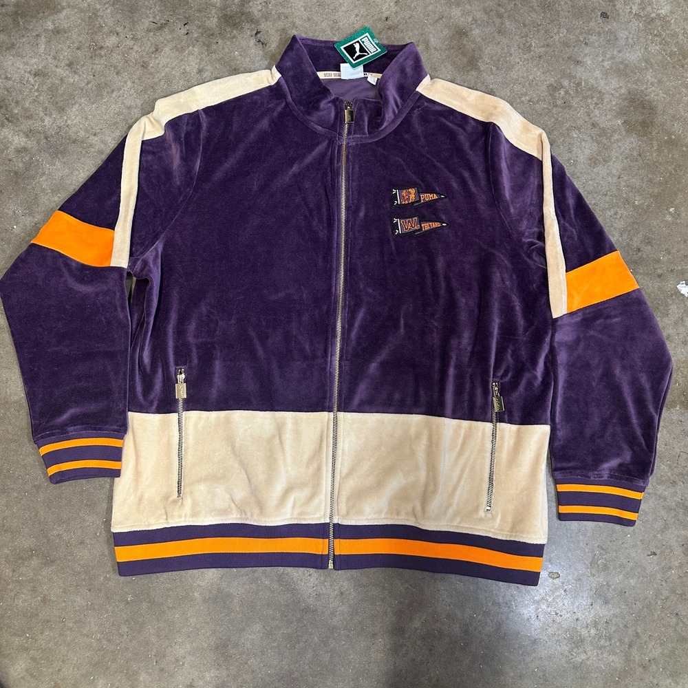 Puma Track Jacket Mens XXL Purple Cream Velour Colorblock Varsity NEW